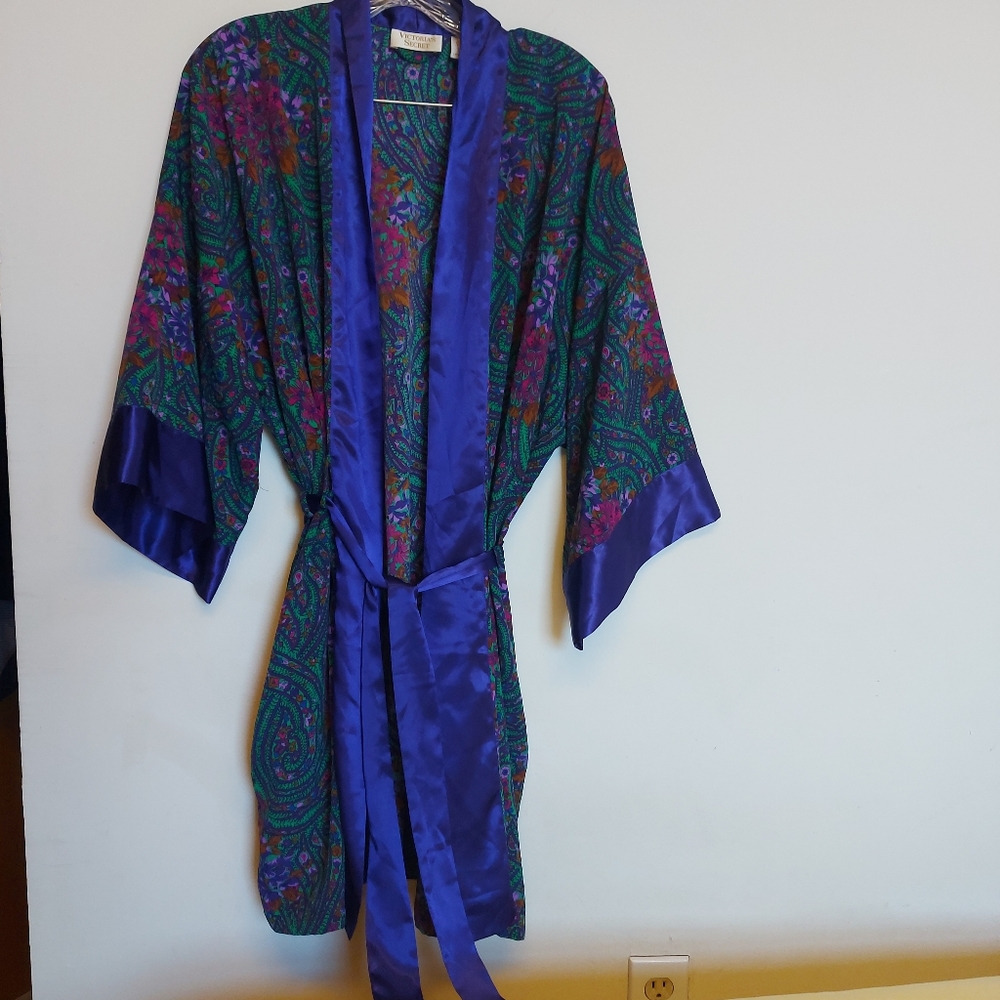 Victoria's Secret Purple Green Satin-Trim Paisley Robe